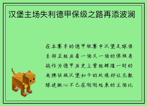 汉堡主场失利德甲保级之路再添波澜