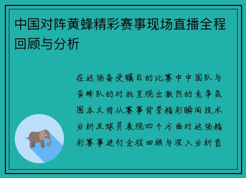 中国对阵黄蜂精彩赛事现场直播全程回顾与分析