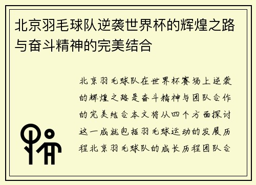 北京羽毛球队逆袭世界杯的辉煌之路与奋斗精神的完美结合