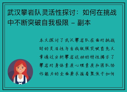 武汉攀岩队灵活性探讨：如何在挑战中不断突破自我极限 - 副本