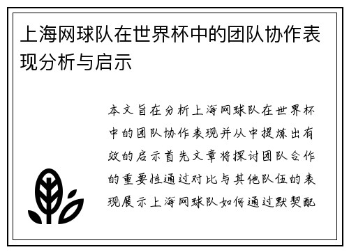 上海网球队在世界杯中的团队协作表现分析与启示